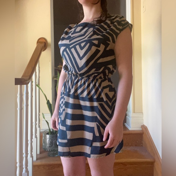 Taupe and Sea Blue Geometric Mini Dress - Picture 2 of 6